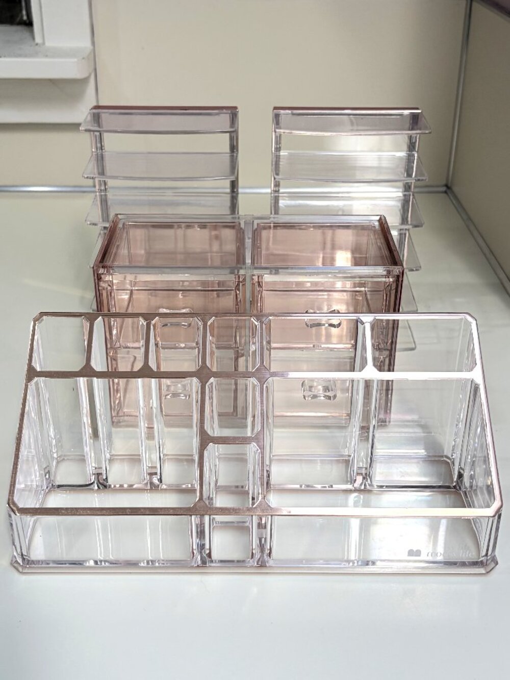 Rose Gold Clear Acrylic Makeup Vanity Organizer 4-Piece Set